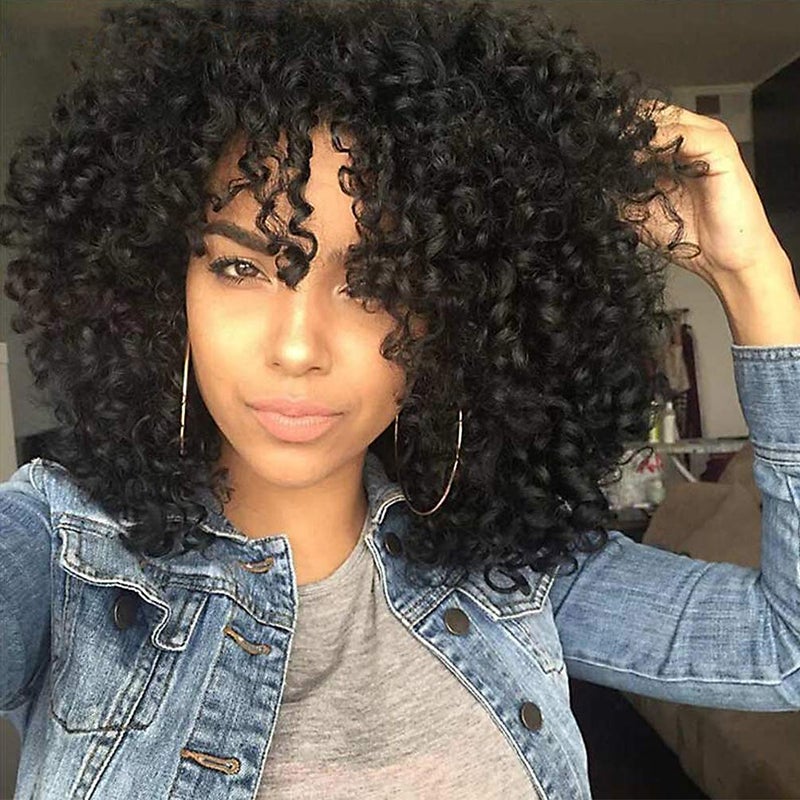 rosmile Curly Wigs for Black Women - Natural Black Synthetic African American Full Kinky Curly Afro Hair Wig with Bangs - Image 1